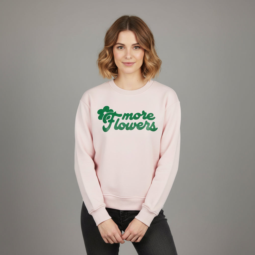 Sudadera rosa corta boxy de algodón orgánico con mensaje More Flowers –Hilma Studio