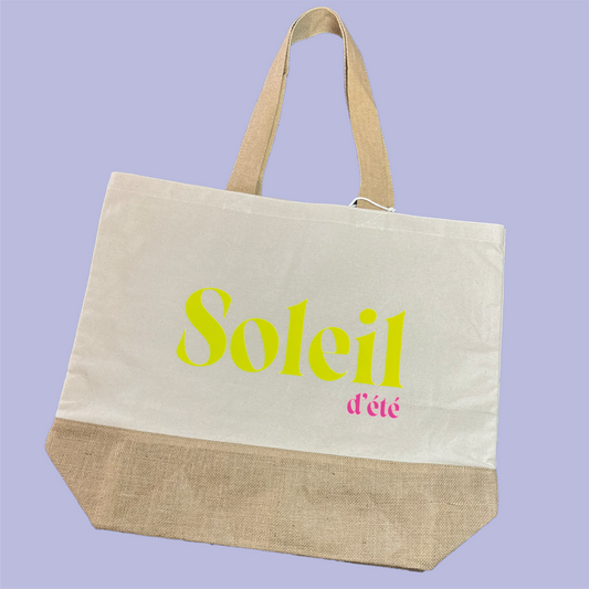 Bolsa de algodón y yute con mensaje Soleil d'été en amarillo y rosa Studio Hilma