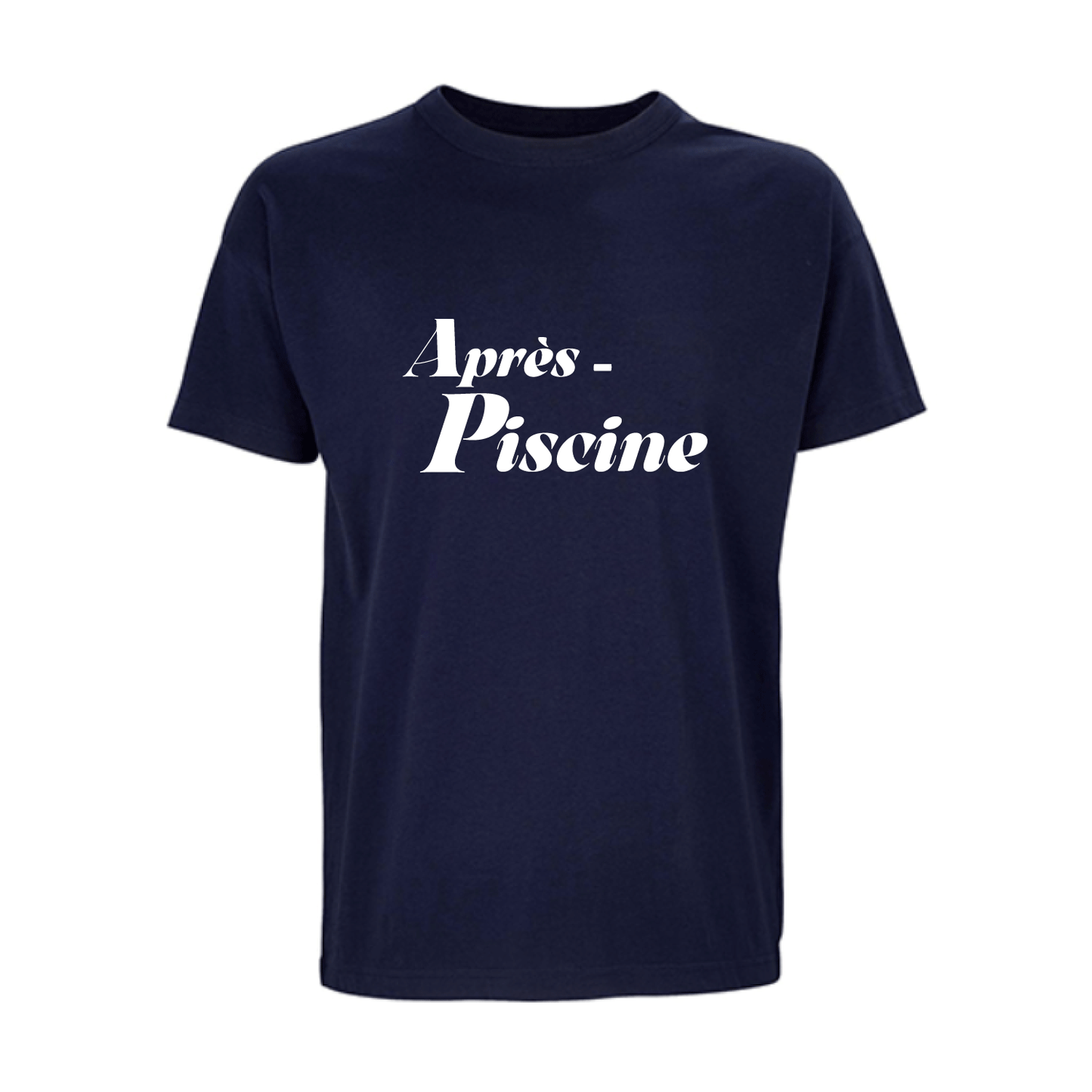 Camiseta unisex azul marino de algodón orgánico con mensaje Après piscine en blanco Hilma Studio