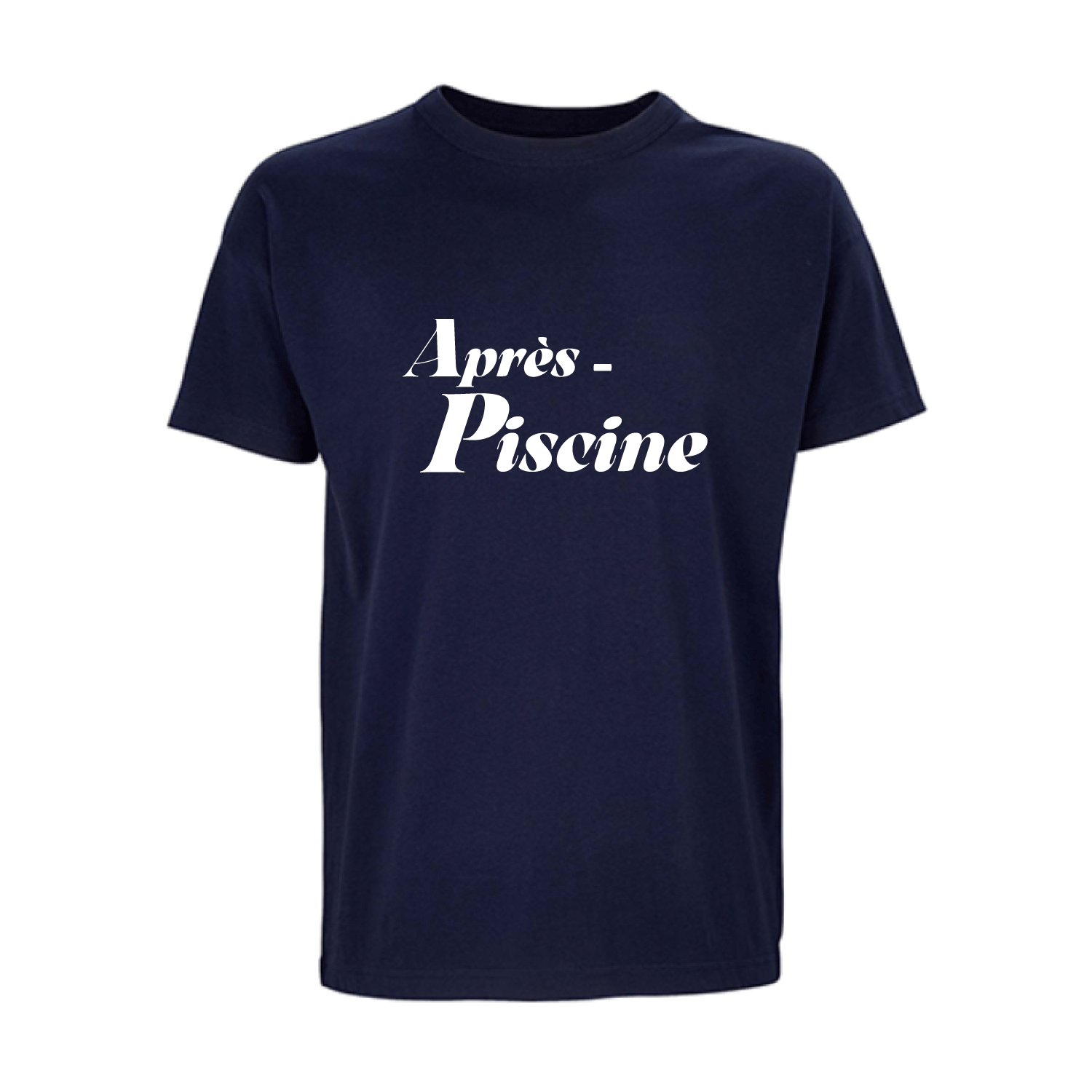 Camiseta unisex azul marino de algodón orgánico con mensaje Après piscine en blanco Hilma Studio