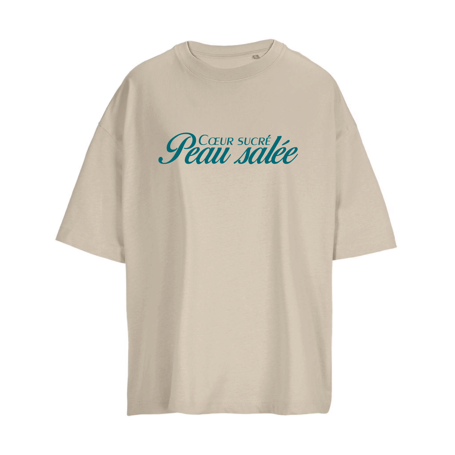 Camiseta boxy marrón crudo de algodón orgánico con mensaje Coeur sucré peau salée en terciopelo verde-azulado Hilma Studio