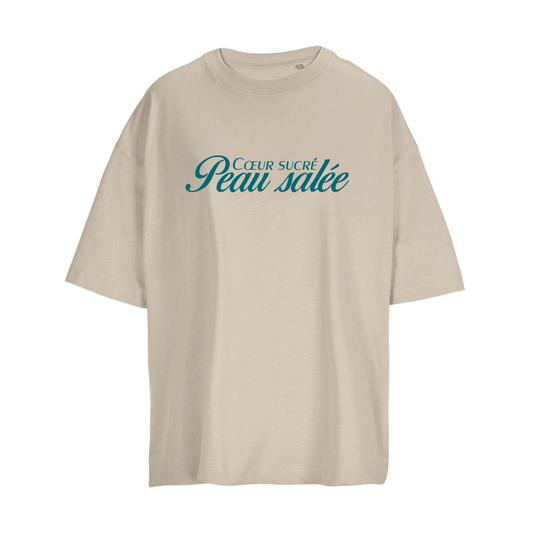 Camiseta boxy marrón crudo de algodón orgánico con mensaje Coeur sucré peau salée en terciopelo verde-azulado Hilma Studio