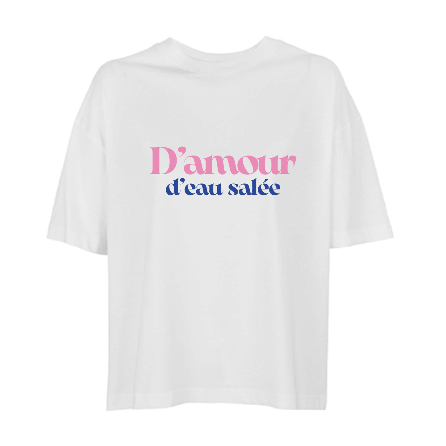 Camiseta boxy blanca de algodón orgánico con mensaje D'amour d'eau salée en rosa metálico y azul Hilma Studio