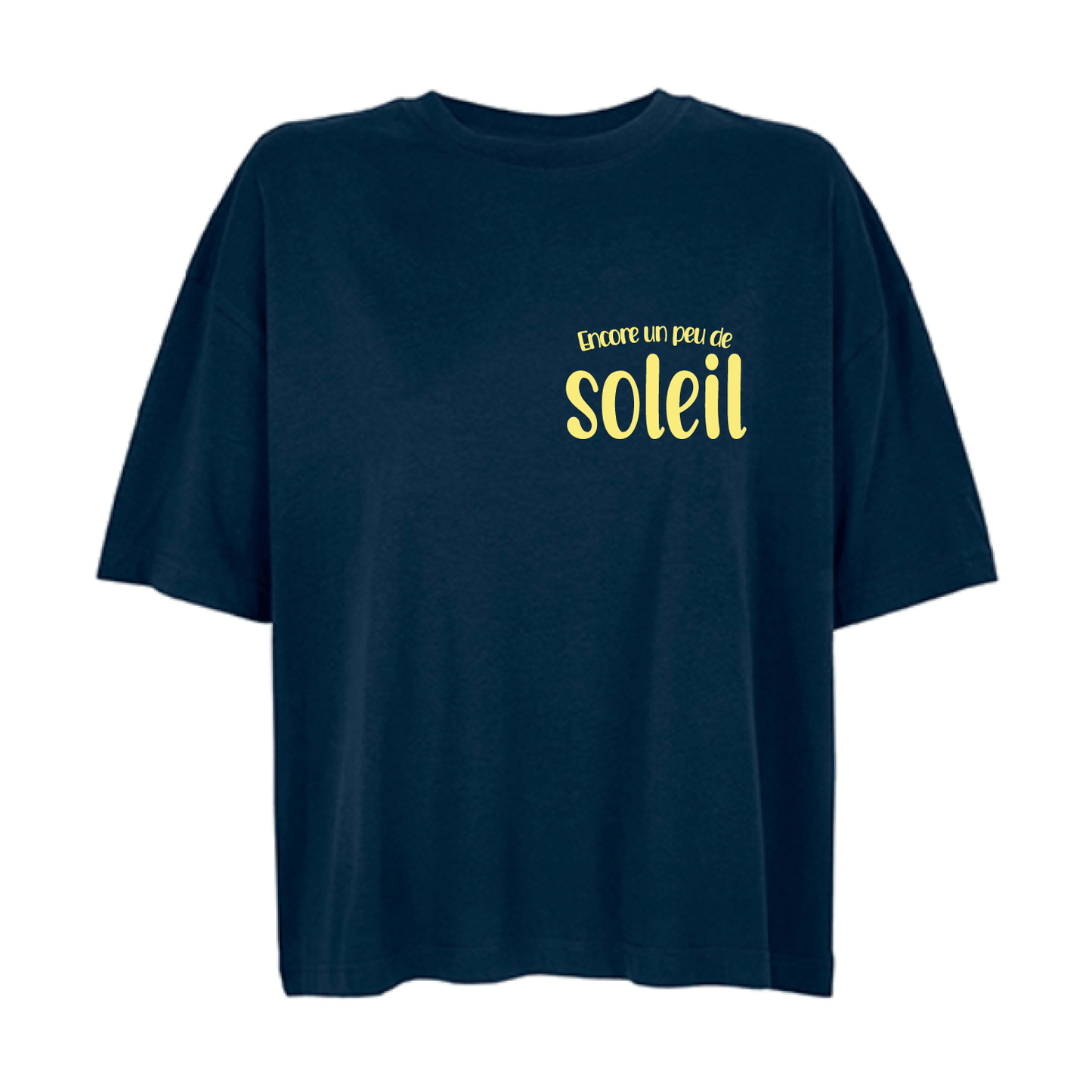 Camiseta boxy azul marino de algodón orgánico con mensaje Encore un peau de soleil en amarillo Hilma Studio