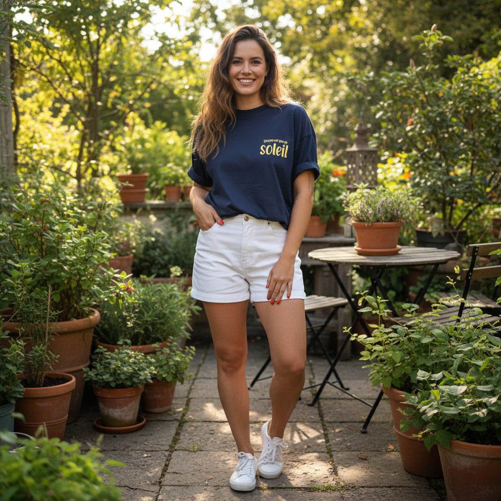 Camiseta boxy azul marino de algodón orgánico con mensaje Encore un peau de soleil en amarillo Hilma Studio