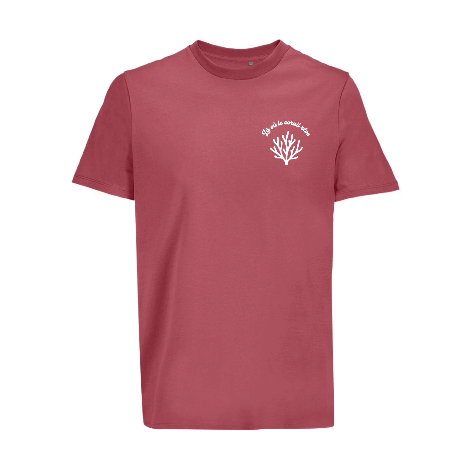 Camiseta unisex folk pink de algodón orgánico con mensaje Là où le corail rêve en blanco Hilma Studio