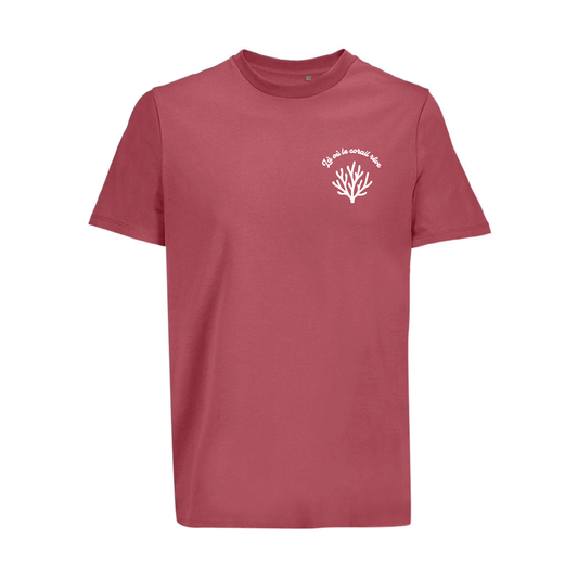 Camiseta unisex folk pink de algodón orgánico con mensaje Là où le corail rêve en blanco Hilma Studio