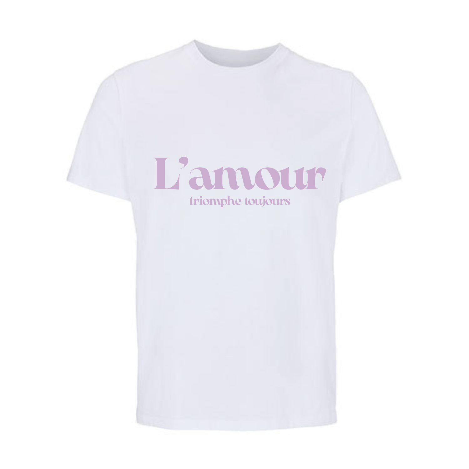 Camiseta unisex blanca de algodón orgánico con mensaje L'amour triomphe toujours en rosa metálico Hilma Studio