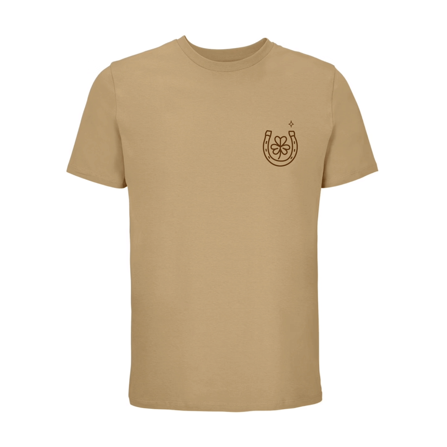 Camiseta unisex marrón claro de algodón orgánico con mensaje Lucky love y dibujo de herradura de la suerte en terciopelo marrón oscuro Hilma Studio