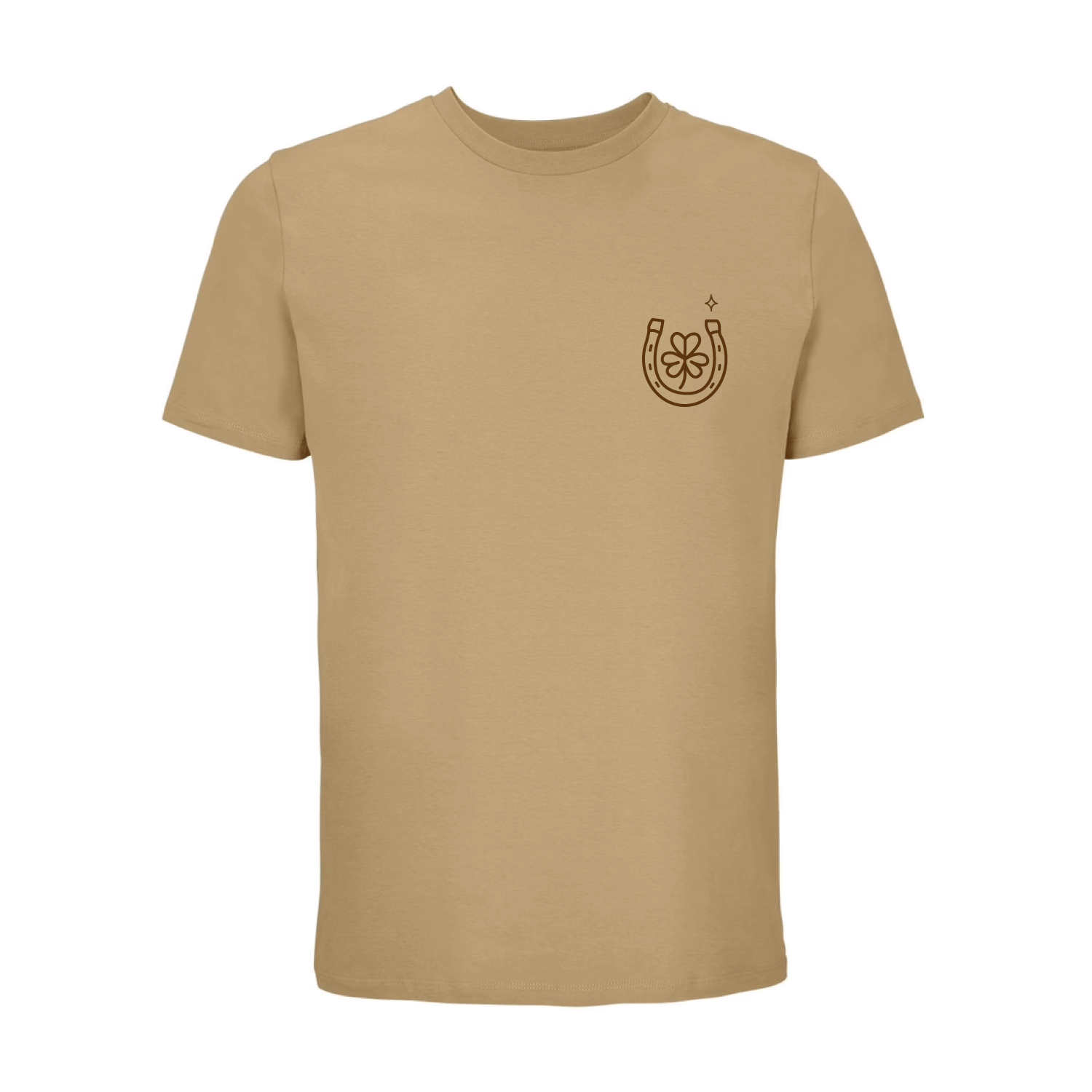 Camiseta unisex marrón claro de algodón orgánico con mensaje Lucky love y dibujo de herradura de la suerte en terciopelo marrón oscuro Hilma Studio