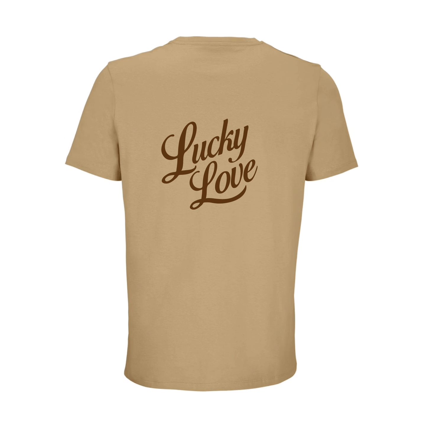 Camiseta unisex marrón claro de algodón orgánico con mensaje Lucky love y dibujo de herradura de la suerte en terciopelo marrón oscuro Hilma Studio