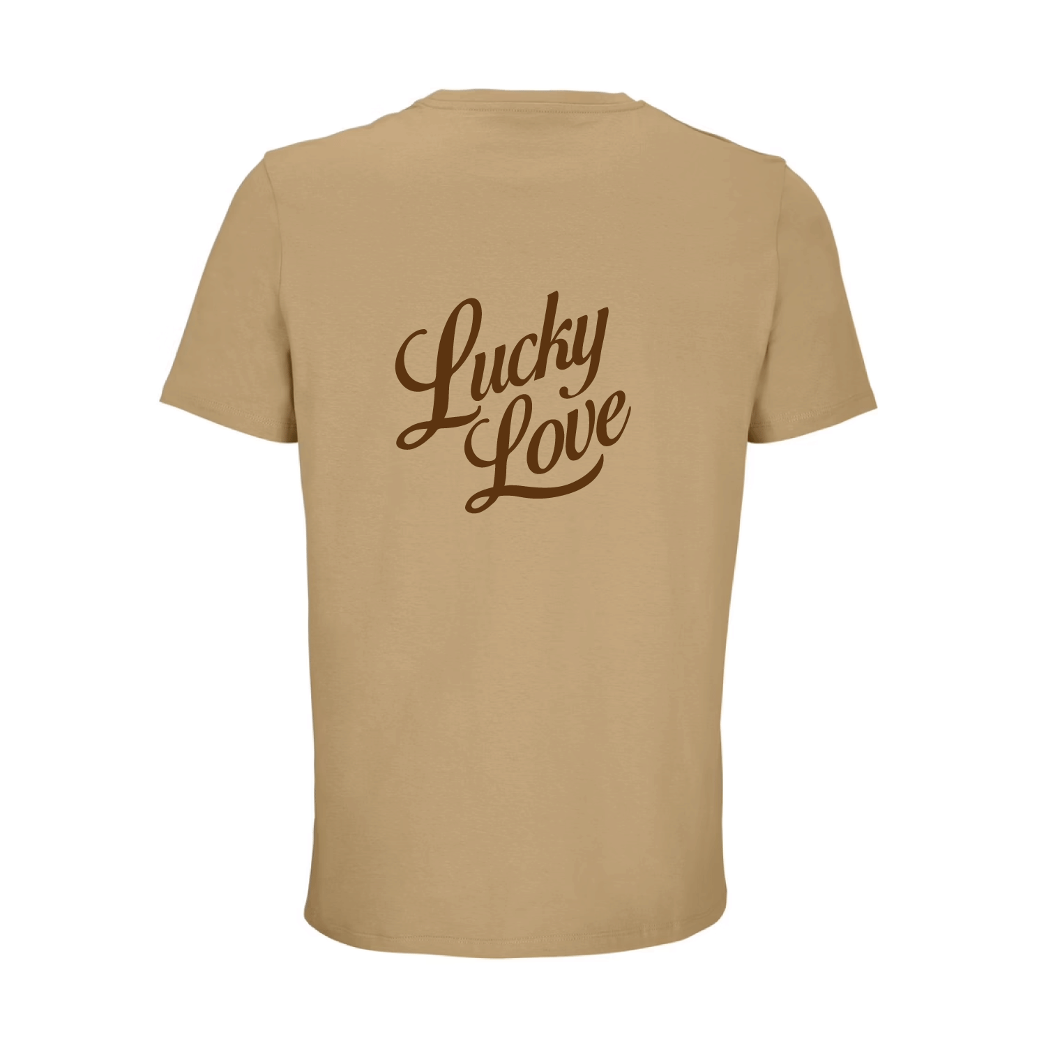 Camiseta unisex marrón claro de algodón orgánico con mensaje Lucky love y dibujo de herradura de la suerte en terciopelo marrón oscuro Hilma Studio