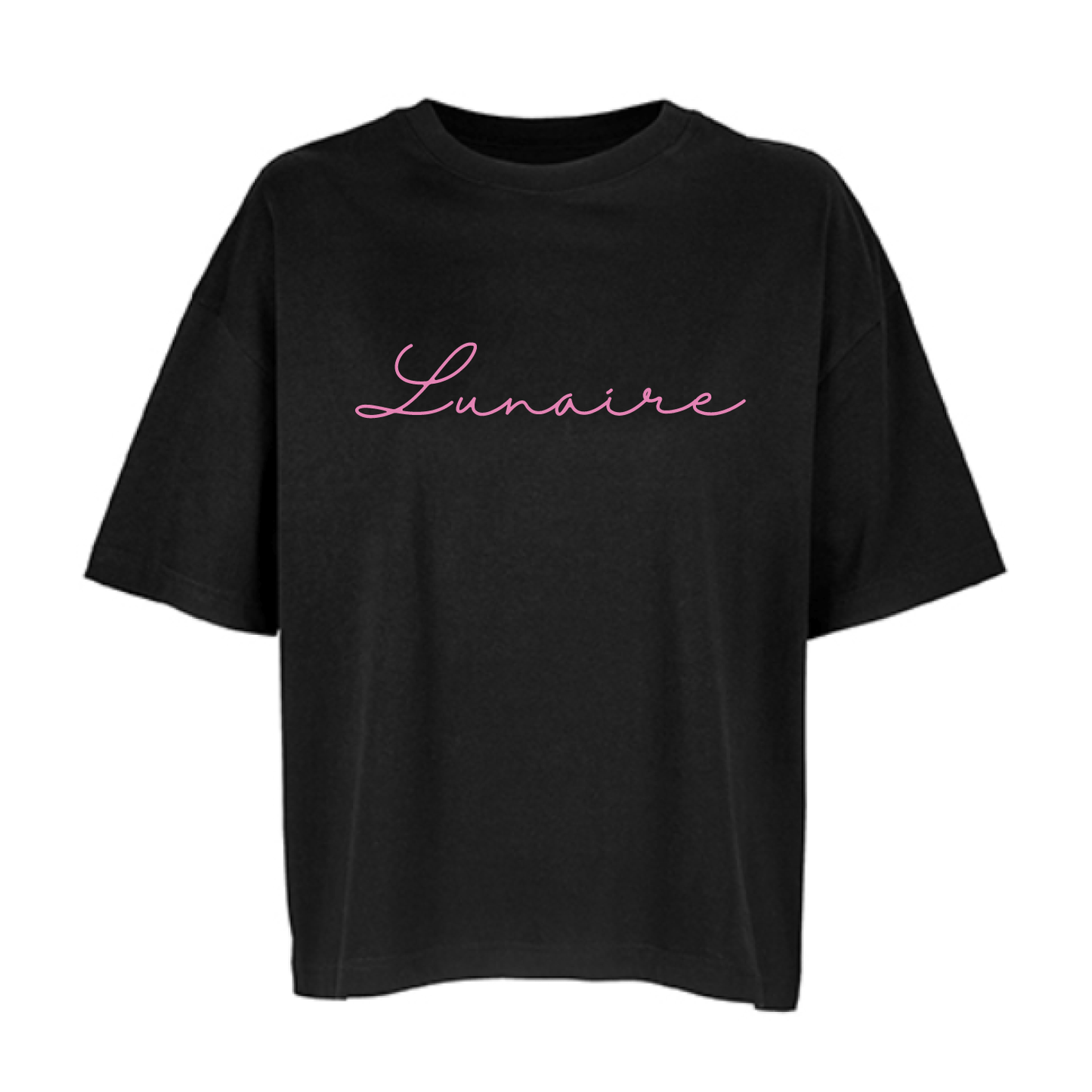 Camiseta boxy negra de algodón orgánico con mensaje Lunaire en terciopelo rosa Hilma Studio