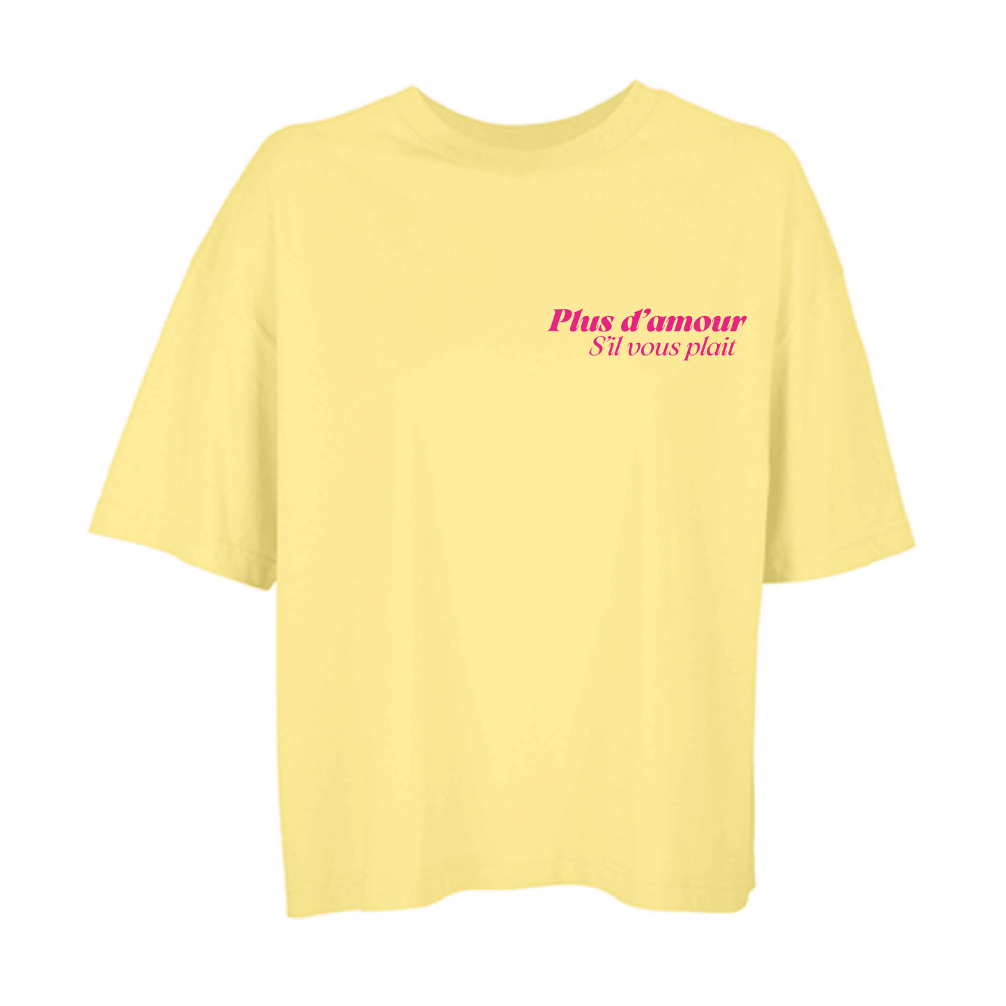 Camiseta boxy amarilla de algodón orgánico con mensaje Plus d'amour s'il vous plait en rosa flúor Hilma Studio