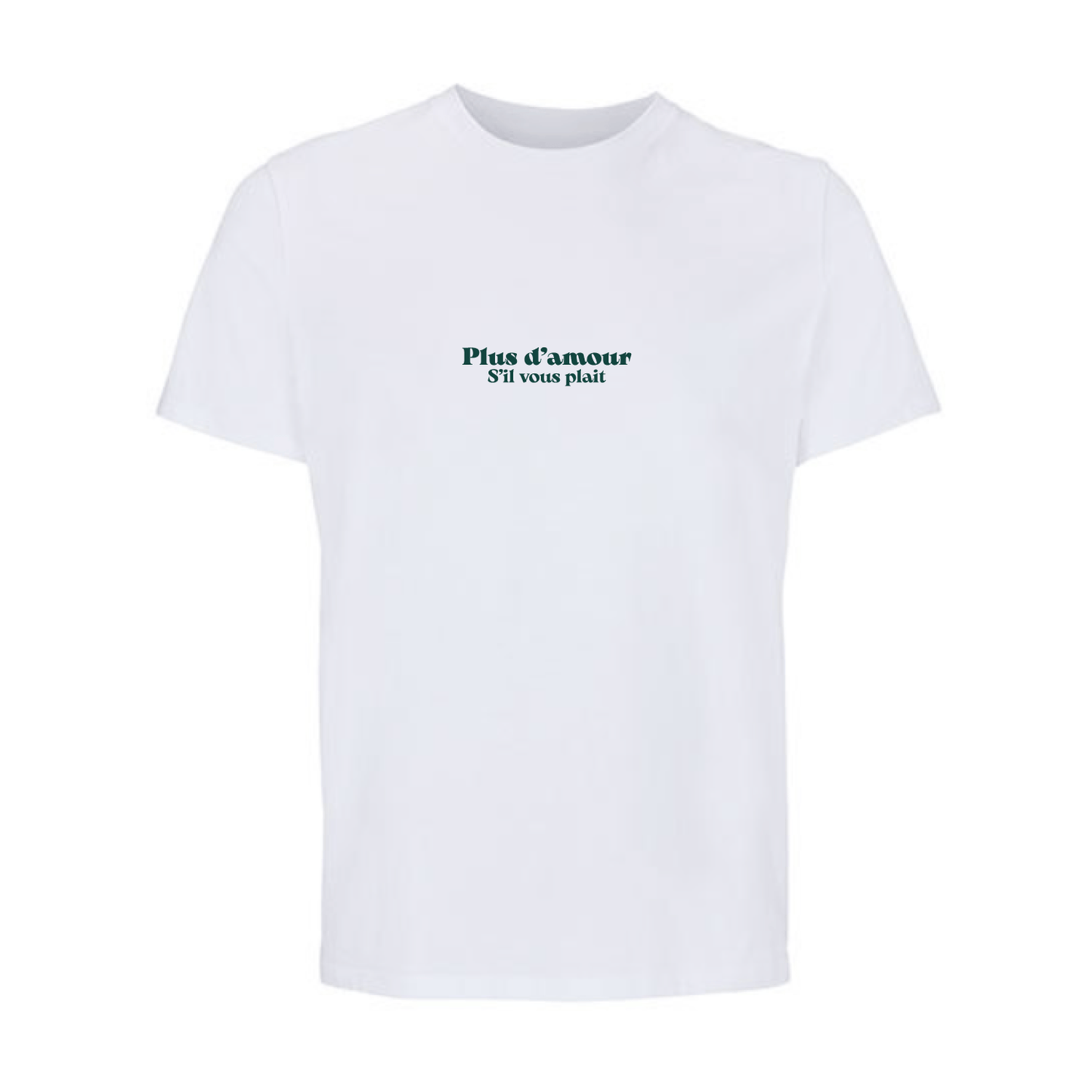 Camiseta unisex blanca de algodón orgánico con mensaje Plus d'amour s'il vous plait en verde Hilma Studio