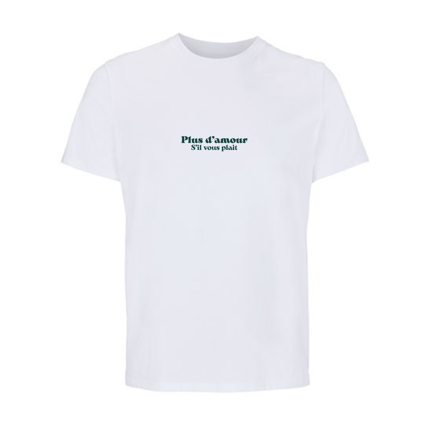 Camiseta unisex blanca de algodón orgánico con mensaje Plus d'amour s'il vous plait en verde Hilma Studio
