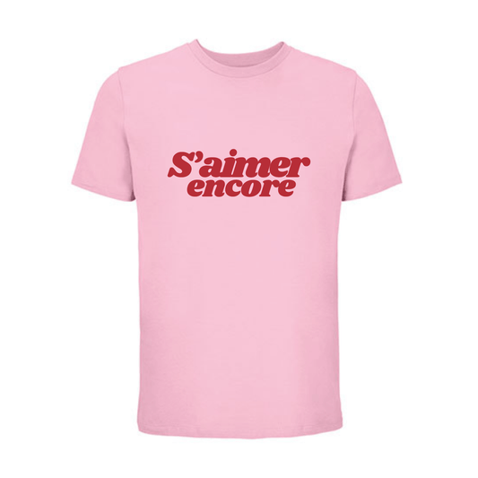 Camiseta unisex rosa de algodón orgánico con mensaje S'aimer encore en terciopelo rojo Hilma Studio