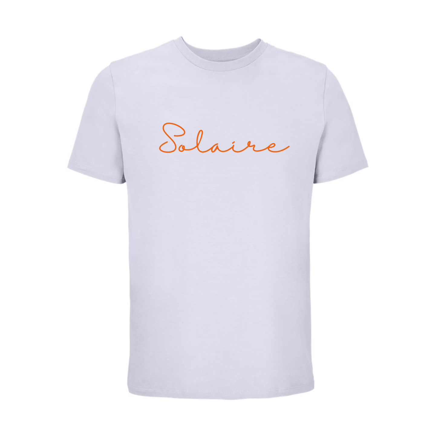 Camiseta unisex violeta de algodón orgánico con mensaje Solaire en terciopelo naranja Hilma Studio