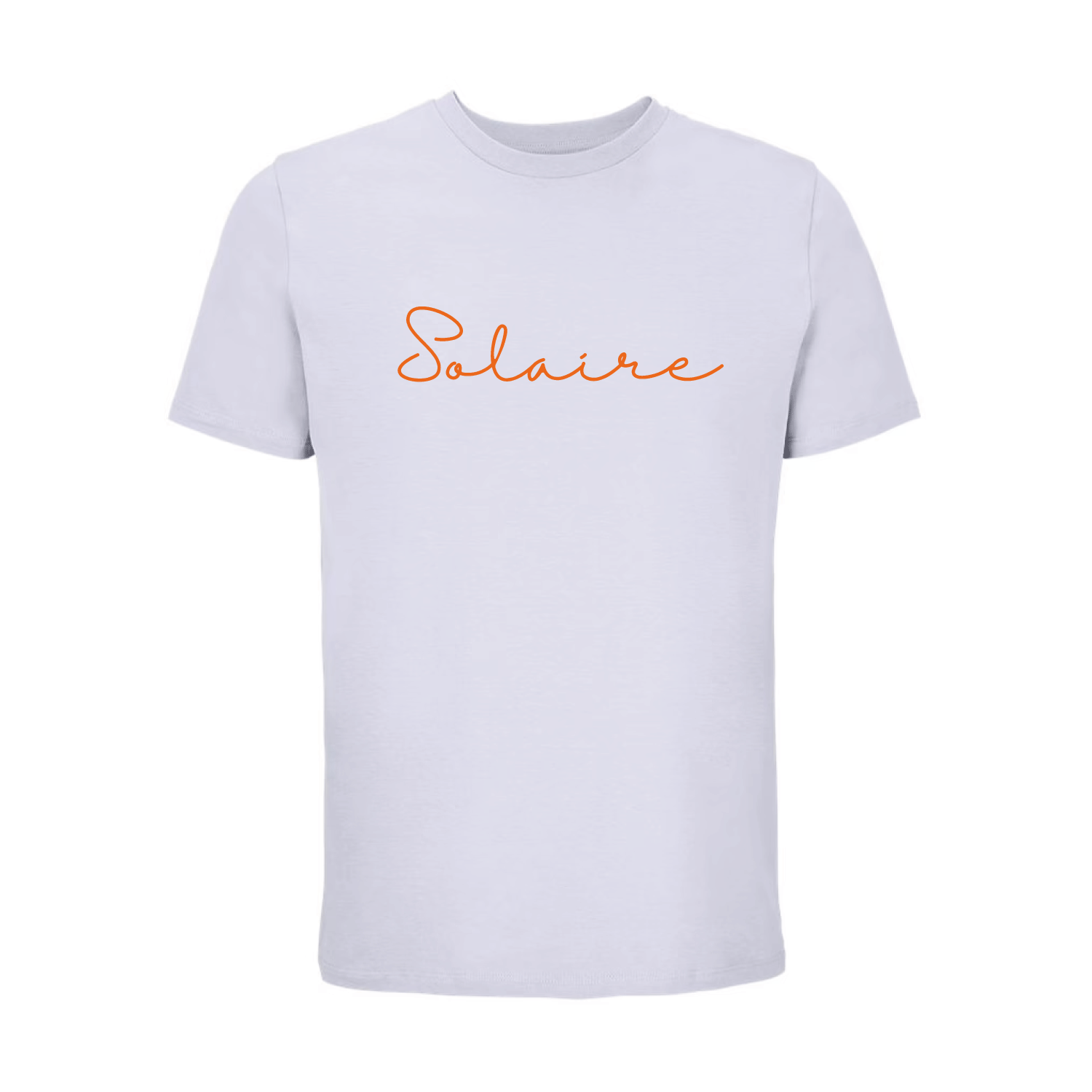 Camiseta unisex violeta de algodón orgánico con mensaje Solaire en terciopelo naranja Hilma Studio