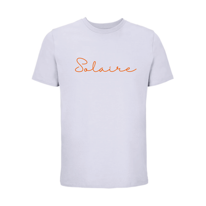 Camiseta unisex violeta de algodón orgánico con mensaje Solaire en terciopelo naranja Hilma Studio