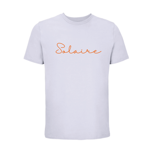 Camiseta unisex violeta de algodón orgánico con mensaje Solaire en terciopelo naranja Hilma Studio