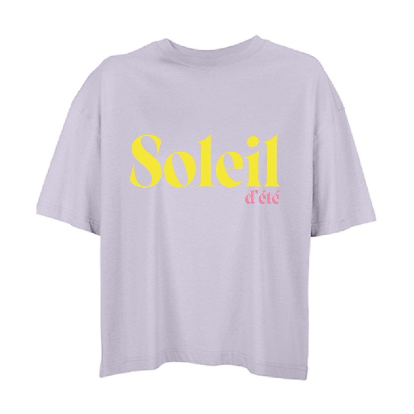 Camiseta boxy violeta de algodón orgánico con mensaje Soleil d'été en rosa y amarillo flúor Hilma Studio