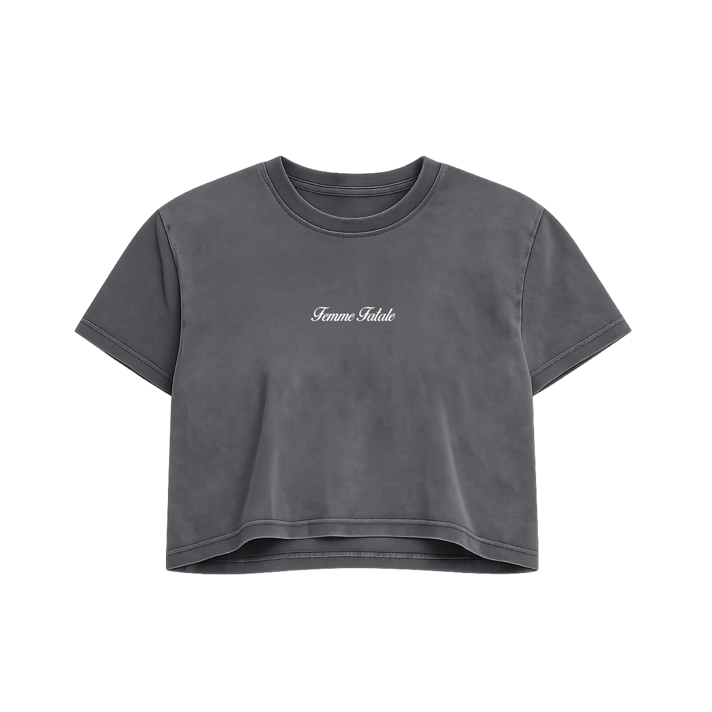 Camiseta estilo crop top negra deslavada de algodón con mensaje Femme fatale en terciopelo blanco Hilma Studio