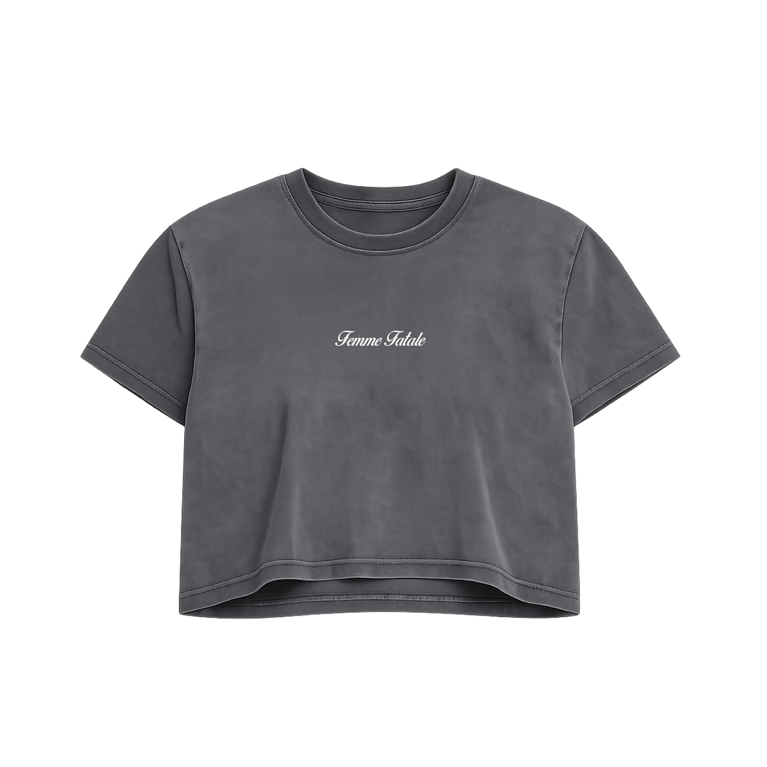 Camiseta estilo crop top negra deslavada de algodón con mensaje Femme fatale en terciopelo blanco Hilma Studio