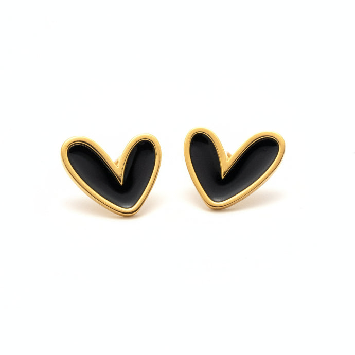 Pendientes dorados de acero inoxidable en forma de corazón negro estilo joyería creativa Hilma Studio