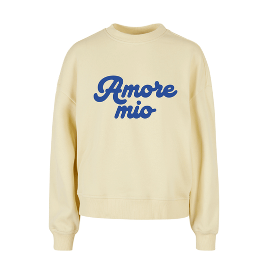 Sudadera amarilla de algodón con mensaje Amore mio en terciopelo azul Hilma Studio