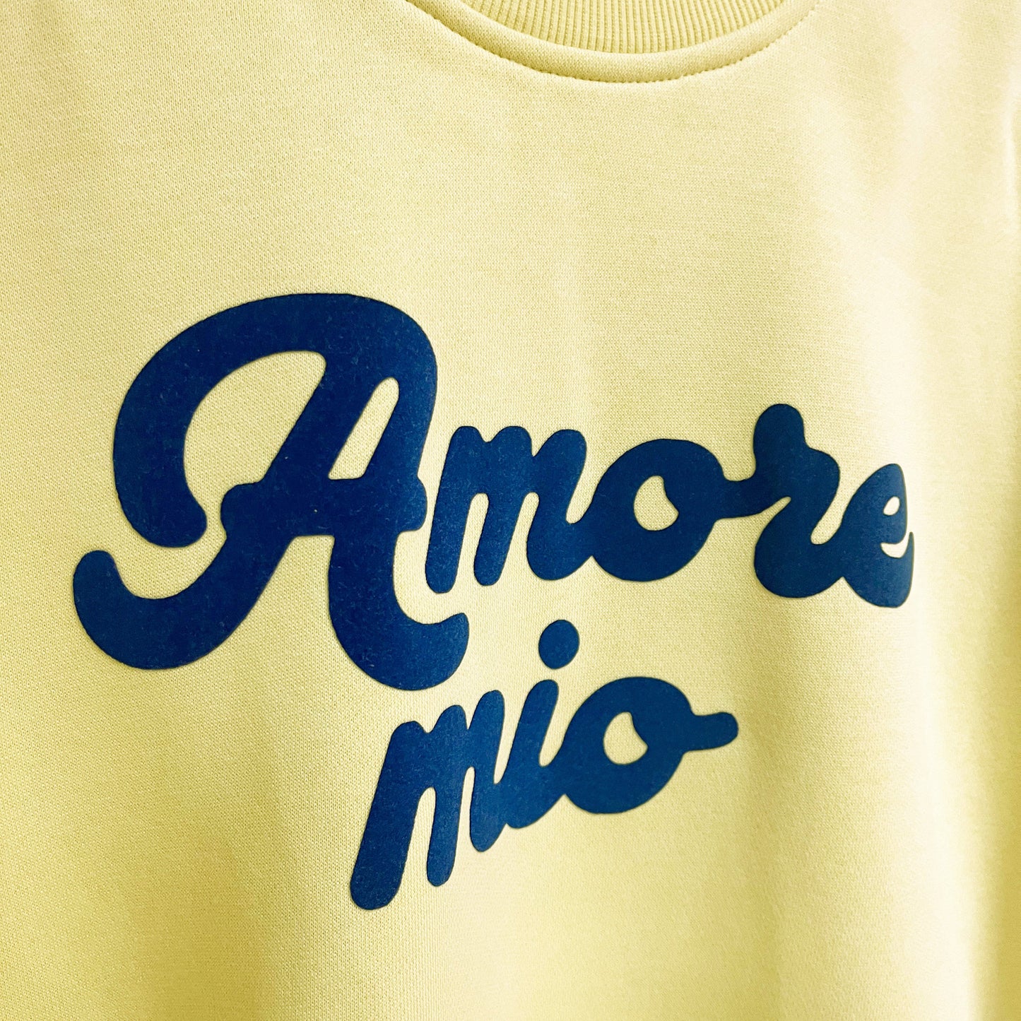 Detalle sudadera azul de algodón con mensaje en terciopelo azul 