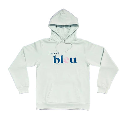 Sudadera azul con capucha de algodón corte recto para mujer con mensaje La vie en bleu en azul y rosa Hilma Studio
