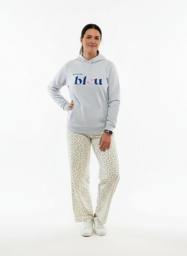 Sudadera azul con capucha de algodón corte recto para mujer con mensaje La vie en bleu en azul y rosa Hilma Studio
