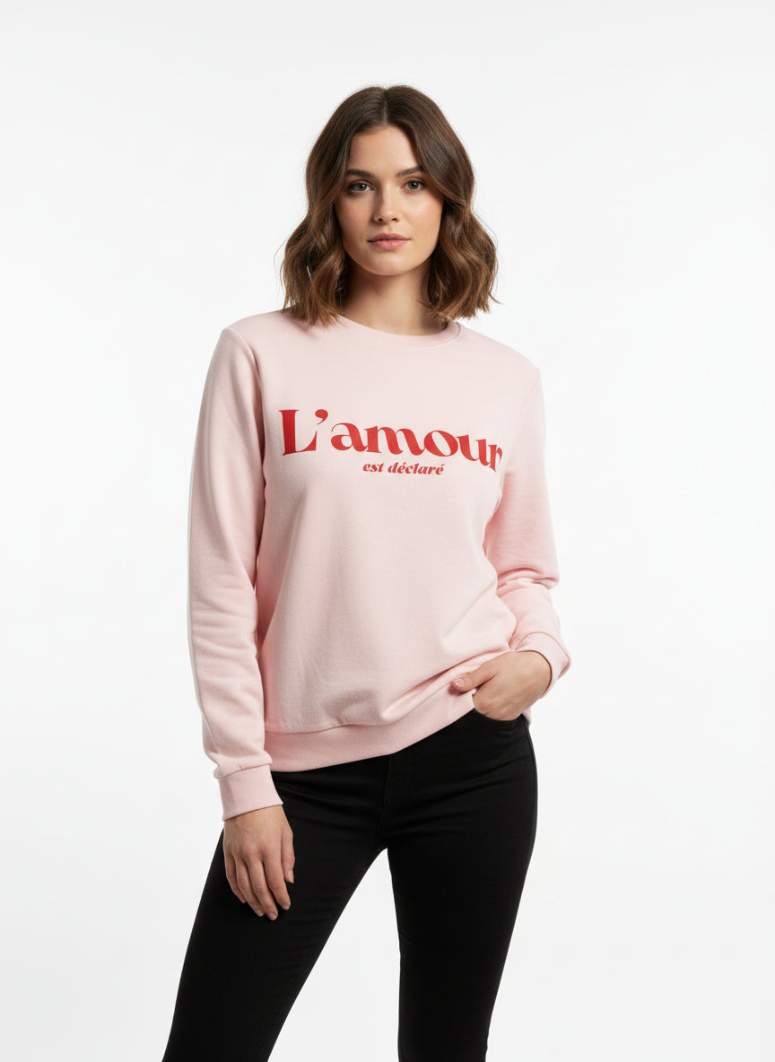 Sudadera rosa de algodón corte recto para mujer con mensaje L'amour est déclaré en terciopelo rojo Hilma Studio