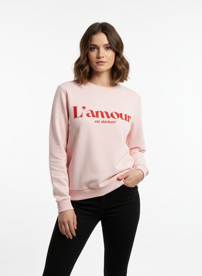 Sudadera rosa de algodón corte recto para mujer con mensaje L'amour est déclaré en terciopelo rojo Hilma Studio