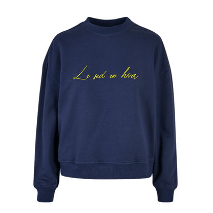 Sudadera azul marino de algodón con mensaje Le sud en hiver en terciopelo amarillo Hilma Studio