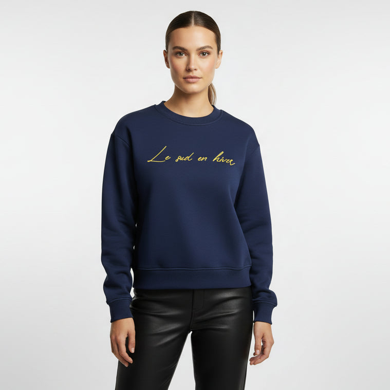 Sudadera azul marino de algodón con mensaje Le sud en hiver en terciopelo amarillo Hilma Studio
