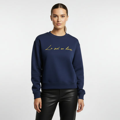 Sudadera azul marino de algodón con mensaje Le sud en hiver en terciopelo amarillo Hilma Studio