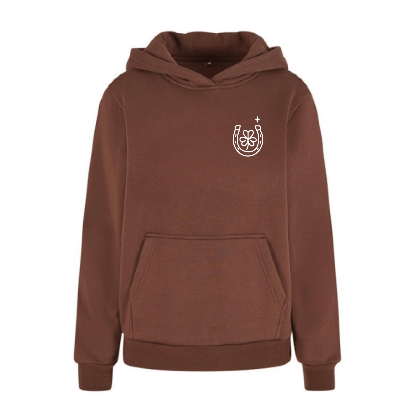 Sudadera marron chocolate con capucha de algodón con mensaje Lucky love y dibujo de herradura en terciopelo blanco Hilma Studio