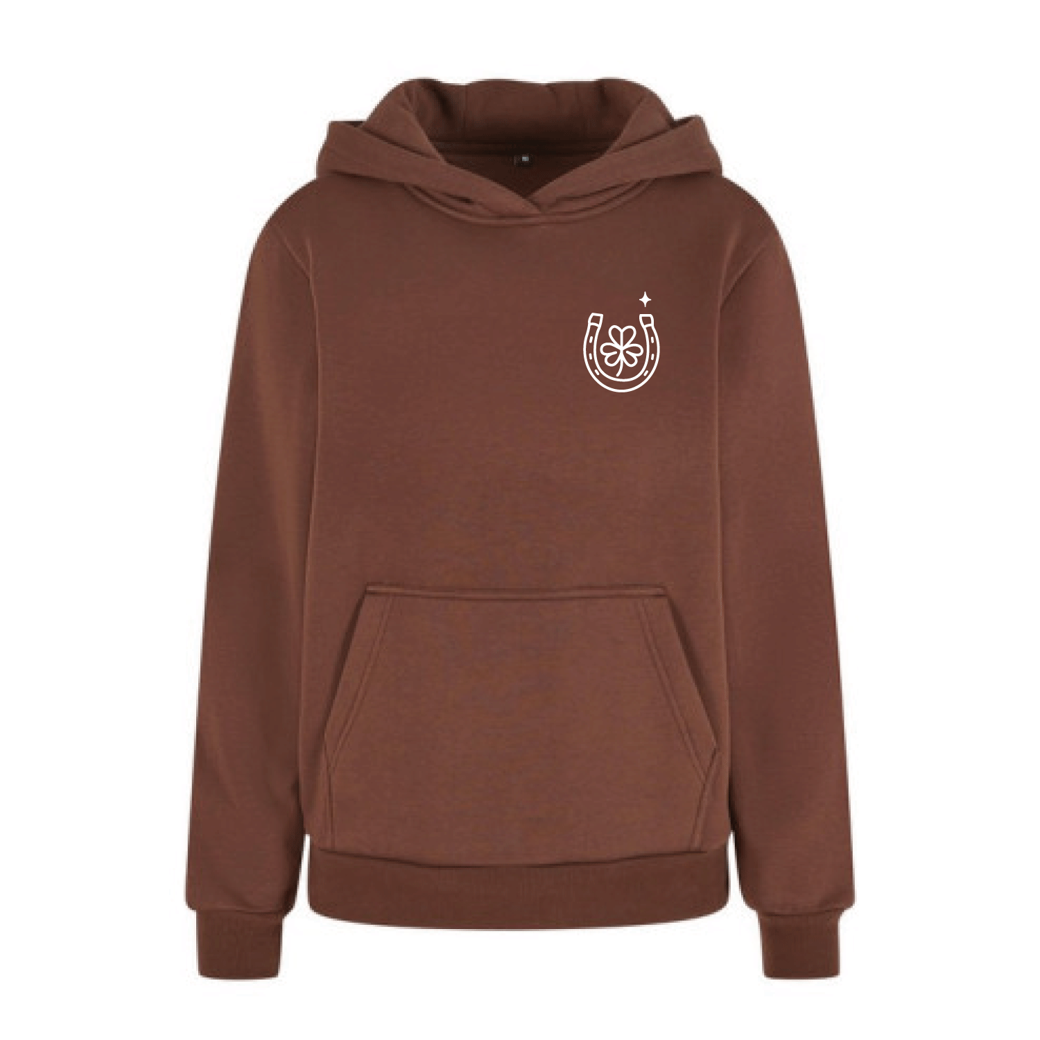 Sudadera marron chocolate con capucha de algodón con mensaje Lucky love y dibujo de herradura en terciopelo blanco Hilma Studio