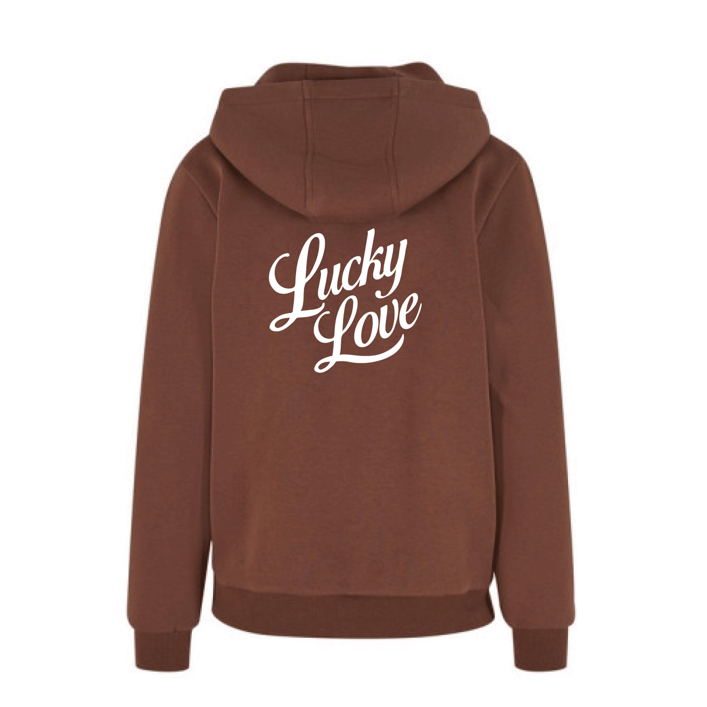 Sudadera marron chocolate con capucha de algodón con mensaje Lucky love y dibujo de herradura en terciopelo blanco Hilma Studio