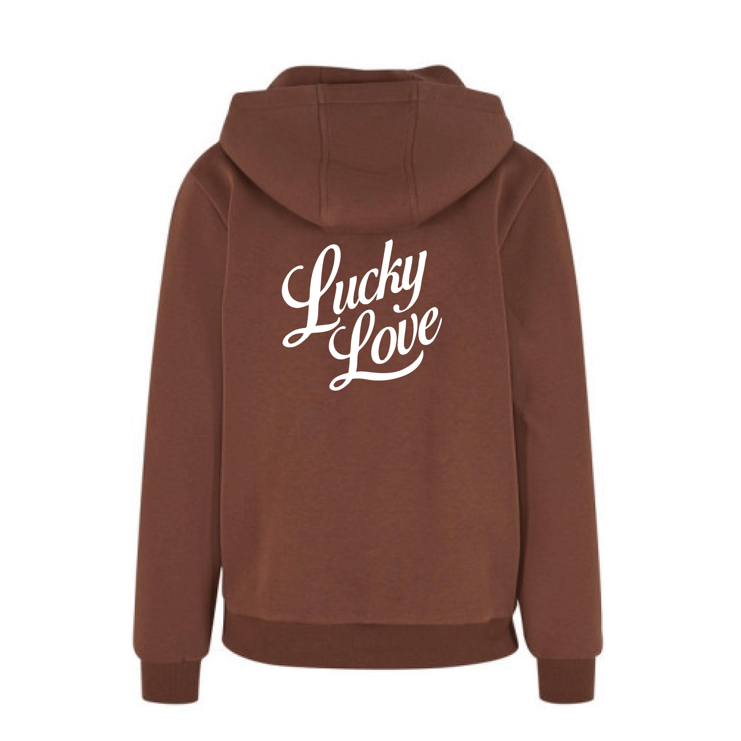 Sudadera marron chocolate con capucha de algodón con mensaje Lucky love y dibujo de herradura en terciopelo blanco Hilma Studio