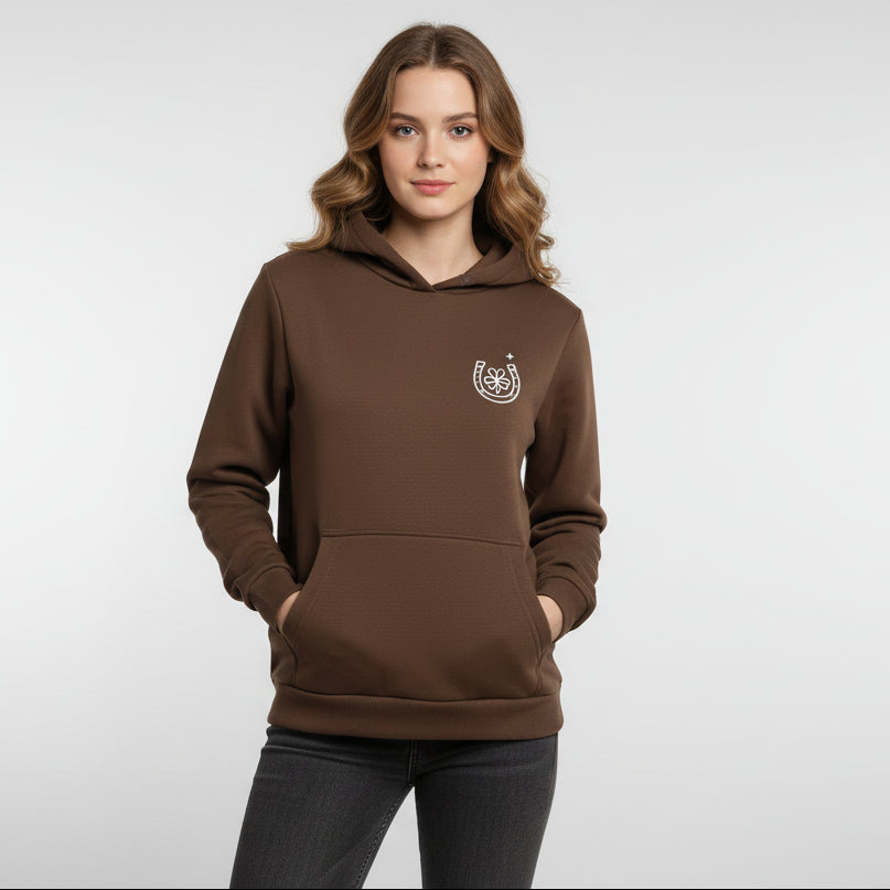 Sudadera marron chocolate con capucha de algodón con mensaje Lucky love y dibujo de herradura en terciopelo blanco Hilma Studio