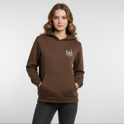 Sudadera marron chocolate con capucha de algodón con mensaje Lucky love y dibujo de herradura en terciopelo blanco Hilma Studio