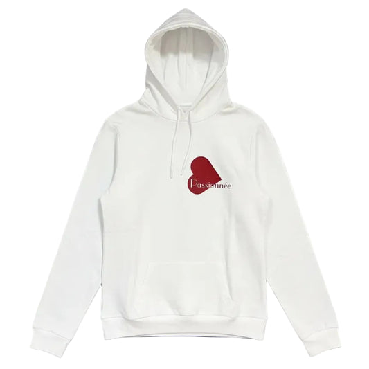 Sudadera blanca con capucha de algodón corte recto para mujer con mensaje Passionnée en terciopelo rojo Hilma Studio