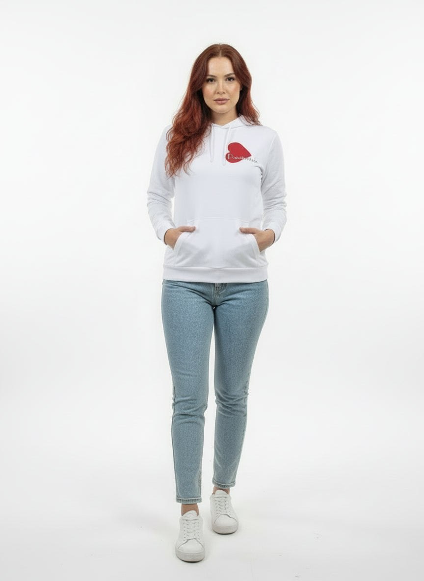 Sudadera blanca con capucha de algodón corte recto para mujer con mensaje Passionnée en terciopelo rojo Hilma Studio