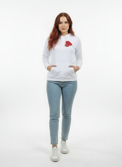 Sudadera blanca con capucha de algodón corte recto para mujer con mensaje Passionnée en terciopelo rojo Hilma Studio