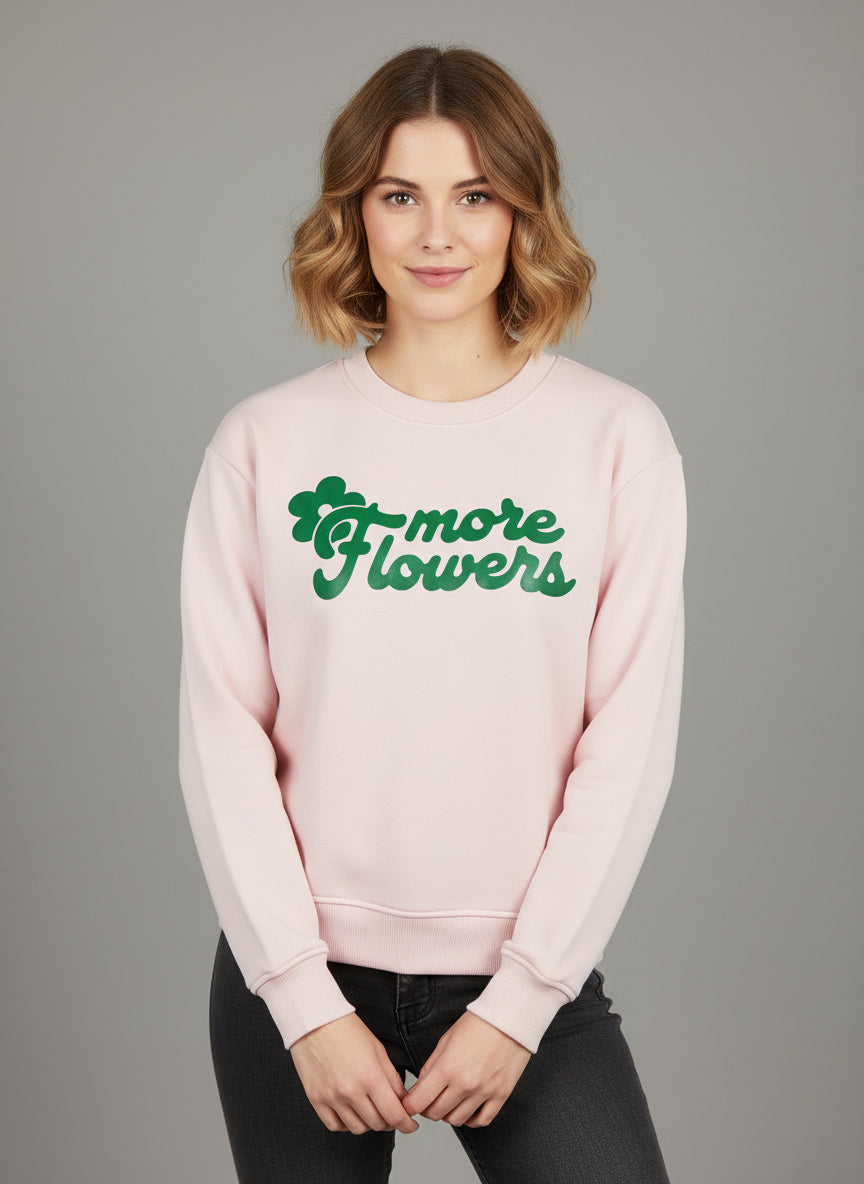 Sudadera rosa corta boxy de algodón orgánico con mensaje More Flowers –Hilma Studio