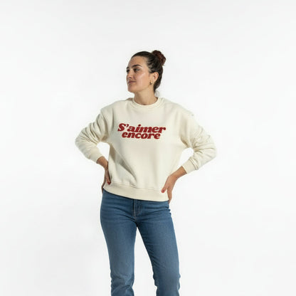Sudadera color crema de algodón con mensaje S'aimer encore terciopelo rojo Hilma Studio