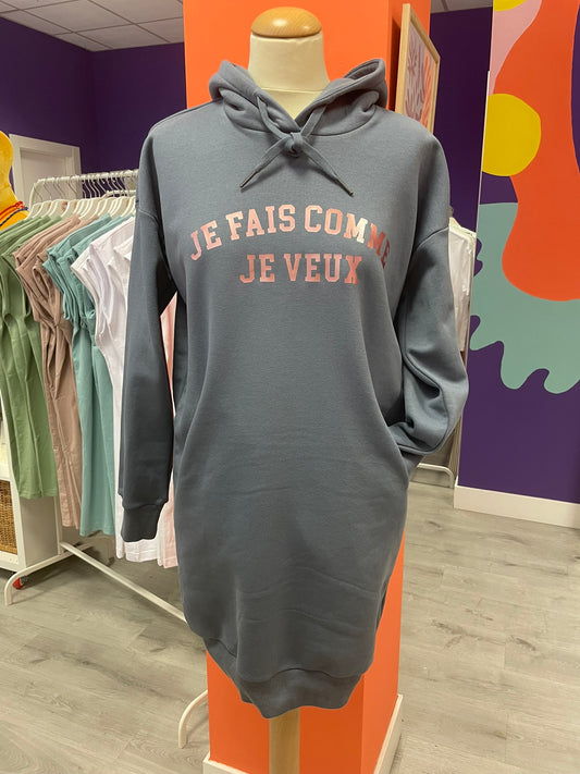 Sudadera vestido light asphalt "Je fais ce que je veux" -Hilma Studio-